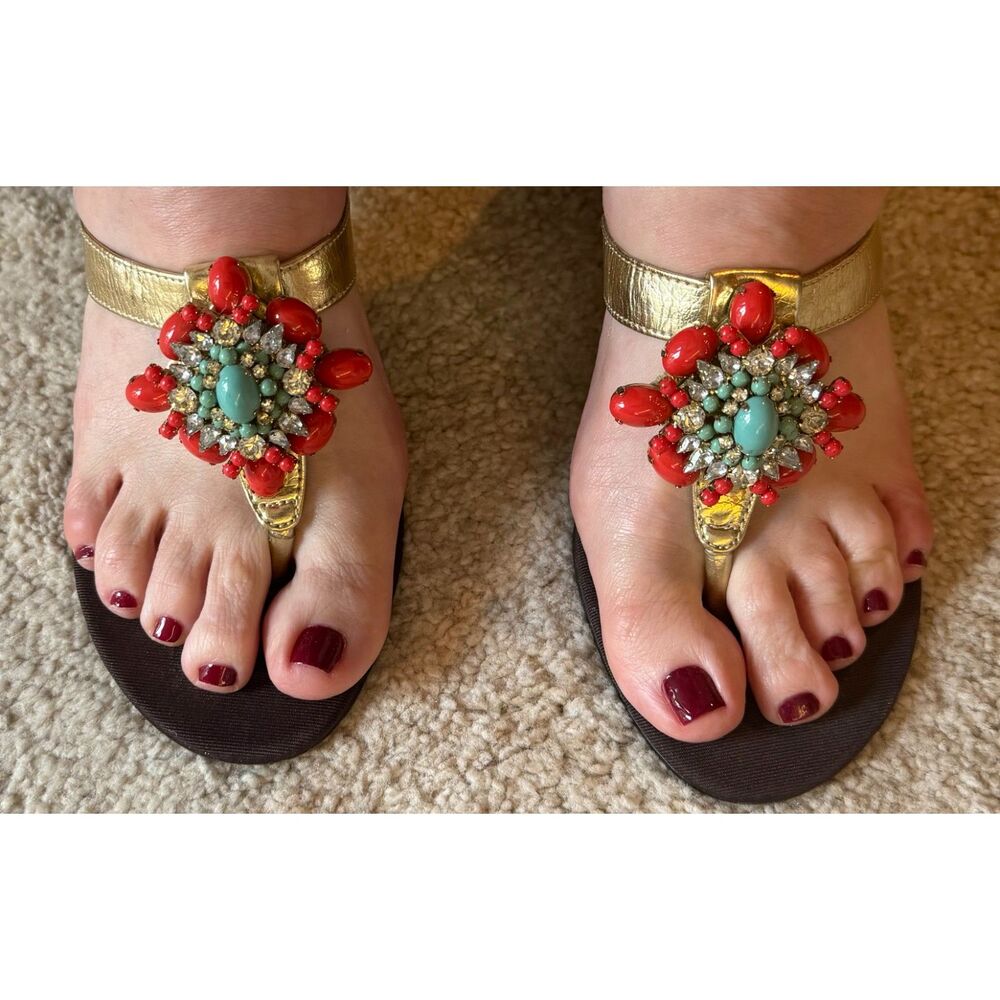 Iridescent Gold Leather Turquoise Orange Rhinestone Sandals 6.5M
